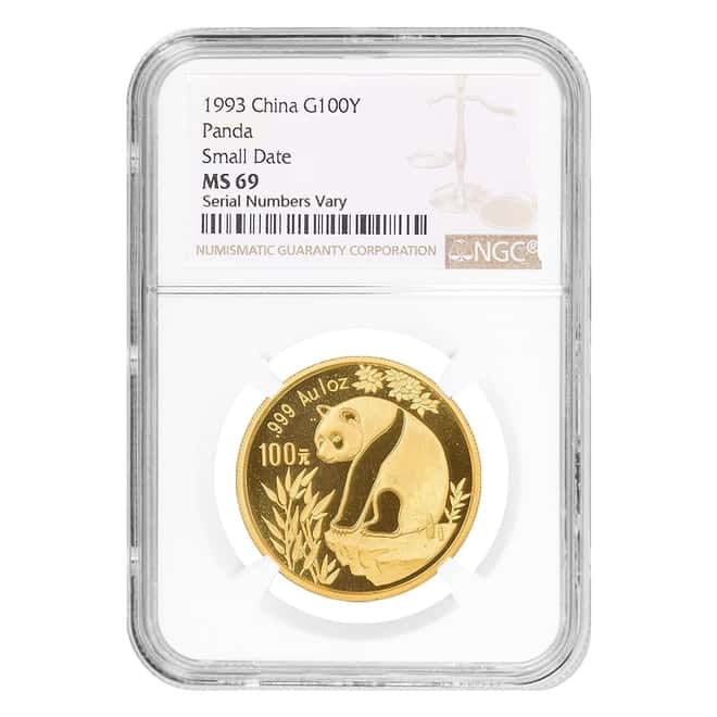 1993 1 oz Chinese Gold Panda 100 Yuan Small Date NGC MS 69