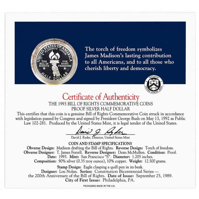 1993 Bill of Rights Commemorative Silver Coin & Stamp Set
