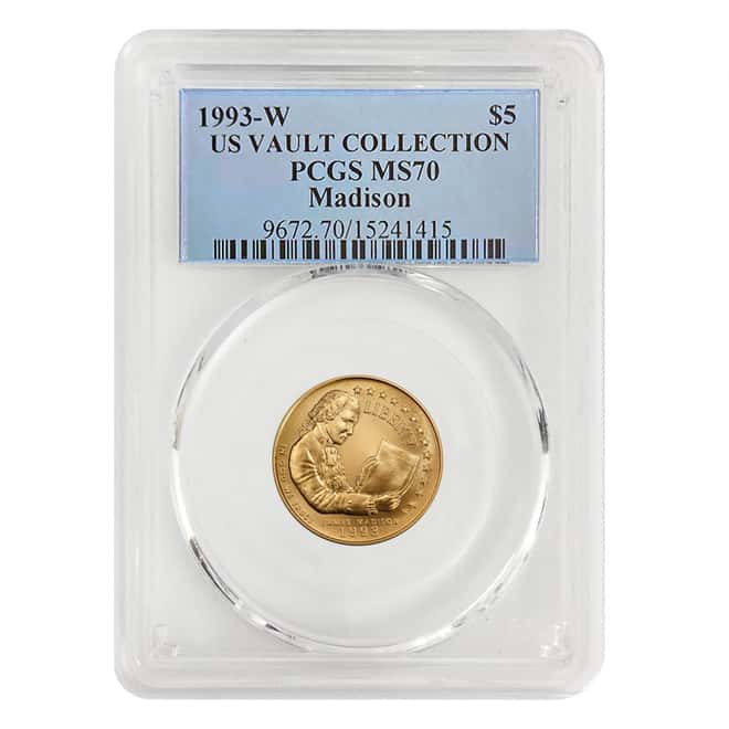 1993-W Gold $5 James Madison Commemorative Coin PCGS MS 70