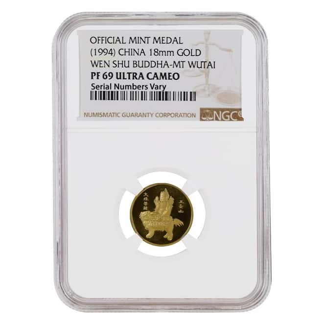 1994 1/10 oz Chinese Proof Gold Wen Shu Buddha Medal NGC PF 69 UCAM