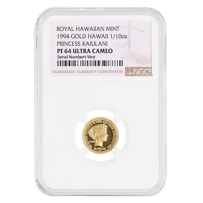 1994 1/10 oz Gold Hawaiian Victoria Kaiulani Hapaumi Crown Medal NGC PF 64 UCAM