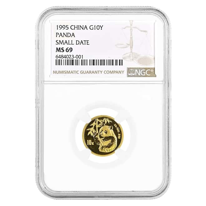 1995 1/10 oz Chinese Gold Panda 10 Yuan Small Date NGC MS 69