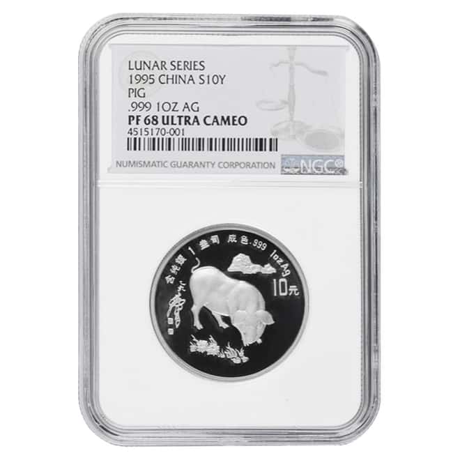 1995 1 oz Chinese Lunar Year of the Pig 10 Yuan Proof Silver Coin NGC PF 68 UCAM
