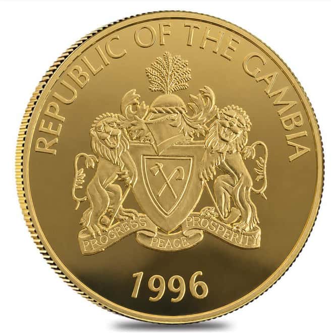 1996 Gambia 1 oz Endangered Wildlife Lion Proof Gold Coin