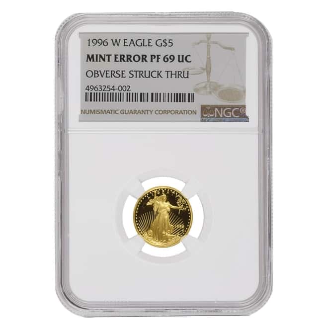 1996 W 1/10 oz $5 Proof Gold American Eagle NGC PF 69 UCAM Mint Error (Obv Struck Thru)