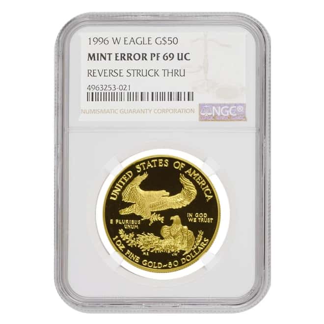 1996 W 1 oz $50 Proof Gold American Eagle NGC PF 69 UCAM Mint Error (Rev Struck Thru)