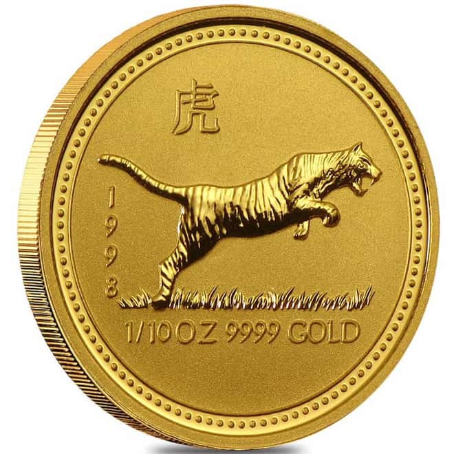 1998 1/10 oz Gold Lunar Tiger BU Australia Perth Mint Series I