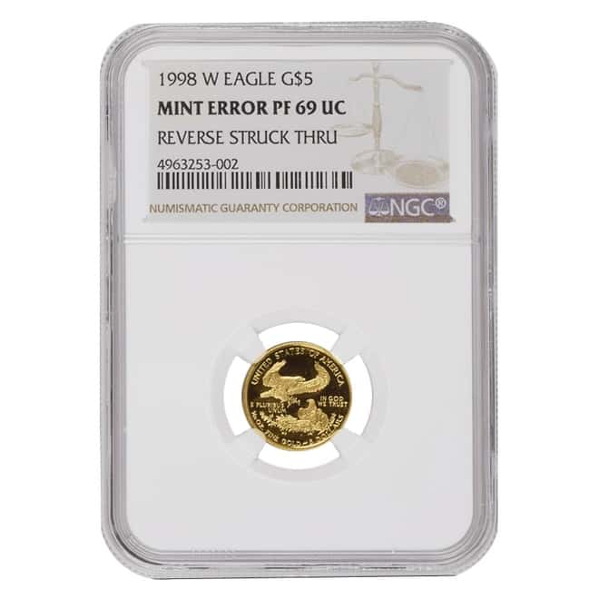 1998 W 1/10 oz $5 Proof Gold American Eagle NGC PF 69 UCAM Mint Error (Rev Struck Thru)