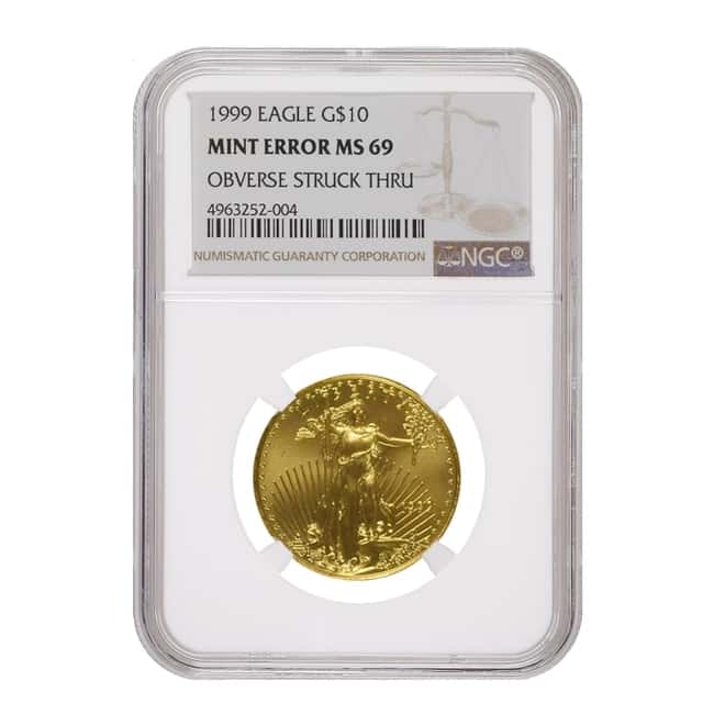 1999 1/4 oz $10 Gold American Eagle NGC MS 69 Mint Error (Obv Struck Thru)