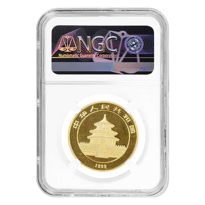 1999 1 oz Chinese Gold Panda 100 Yuan Small Date NGC MS 69