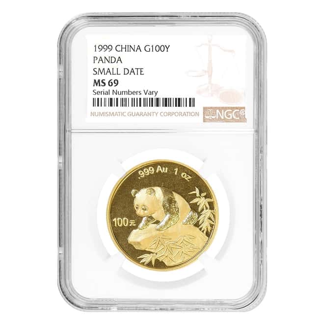 1999 1 oz Chinese Gold Panda 100 Yuan Small Date NGC MS 69