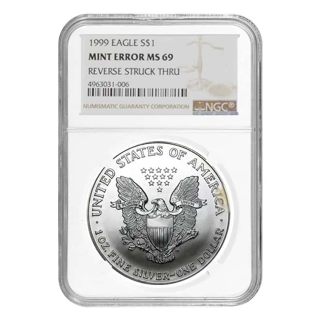 1999 1 oz Silver American Eagle NGC MS 69 Mint Error (Rev Struck Thru)