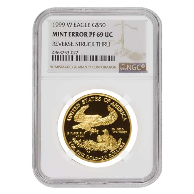 1999 W 1 oz $50 Proof Gold American Eagle NGC PF 69 UCAM Mint Error (Rev Struck Thru)