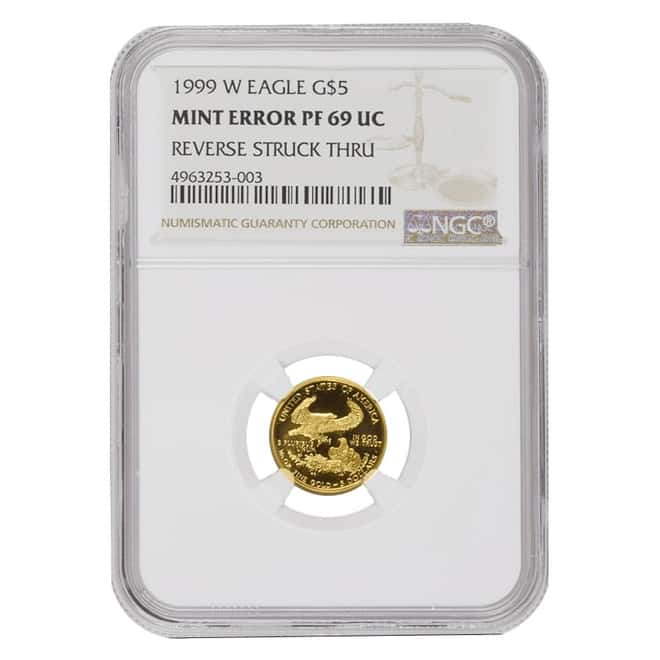 1999 W 1/10 oz $5 Proof Gold American Eagle NGC PF 69 UCAM Mint Error (Rev Struck Thru)