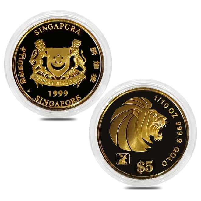 1999 0.9 oz Singapore Lion Proof Gold 4-Coin Set and 20 g Silver Ingot (w/Box & COA)