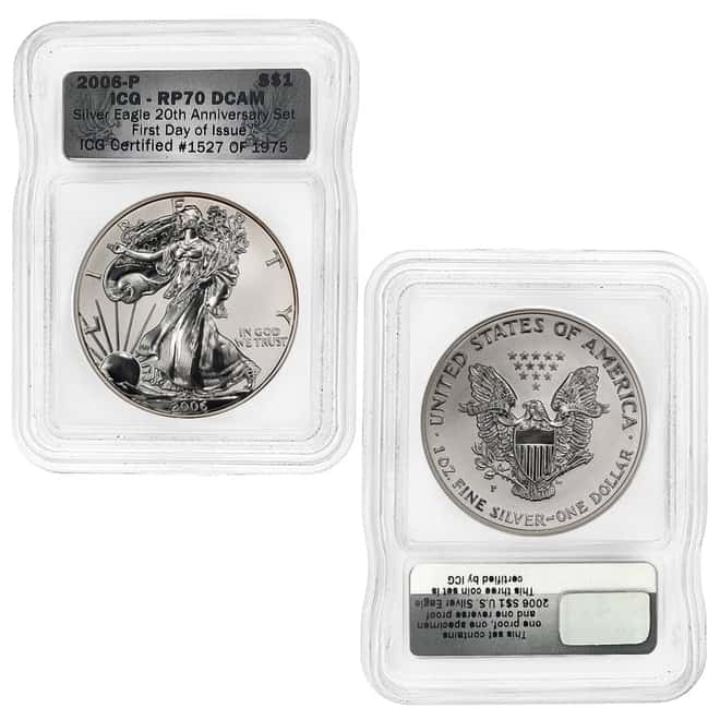 2006 W / P Silver American Eagle 3-Coin Set ICG MS / PF 70 FDOI (20th Anniversary)