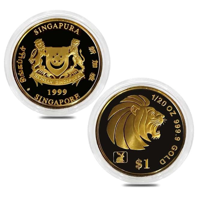 1999 0.9 oz Singapore Lion Proof Gold 4-Coin Set and 20 g Silver Ingot (w/Box & COA)
