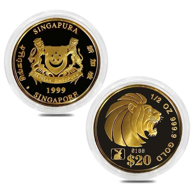 1999 0.9 oz Singapore Lion Proof Gold 4-Coin Set and 20 g Silver Ingot (w/Box & COA)