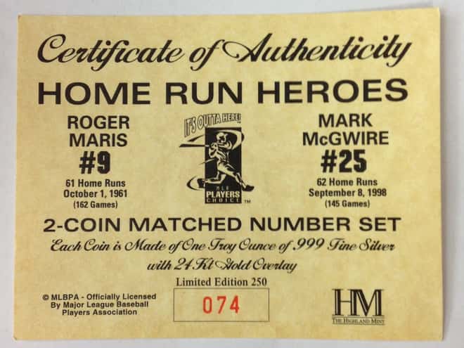 Roger Maris&Mark McGwire Highland Mint Fine Silver Ltd Edition Commemorative Medallion COA