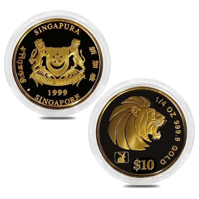1999 0.9 oz Singapore Lion Proof Gold 4-Coin Set and 20 g Silver Ingot (w/Box & COA)