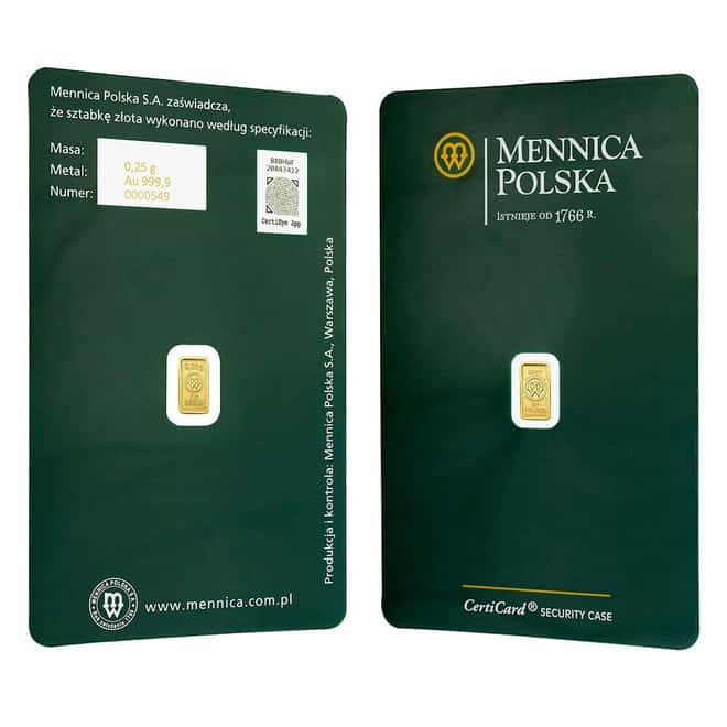 1/4 Gram Mint of Poland Gold Bar .9999 Fine (in Assay)
