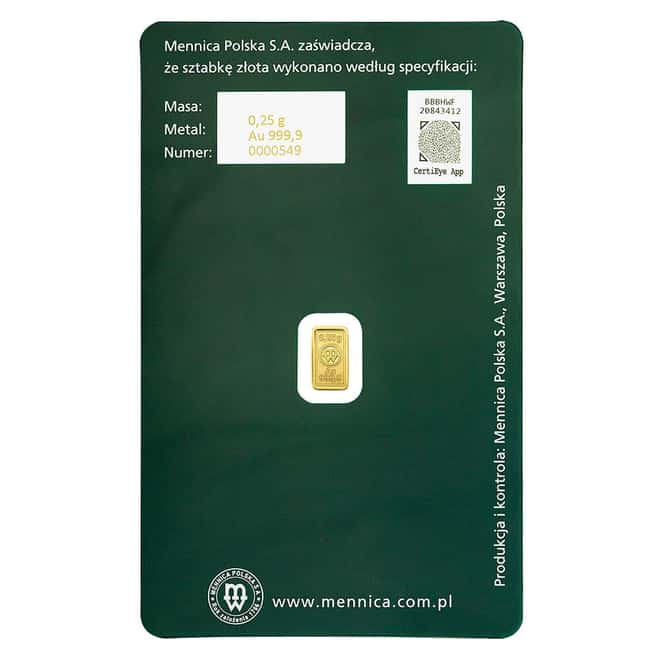 1/4 Gram Mint of Poland Gold Bar .9999 Fine (in Assay)
