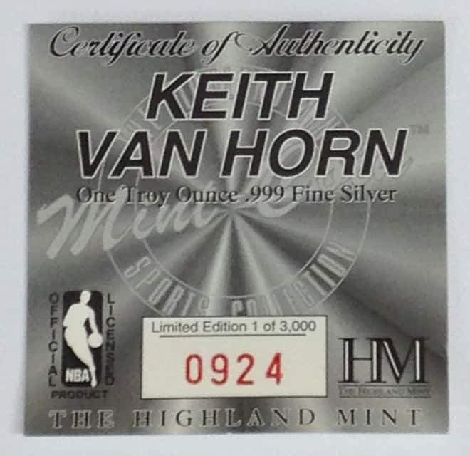 Keith Van Horn Highland Mint 1 oz .999 Fine Silver Limited Edition Commemorative Medallion w/ COA 