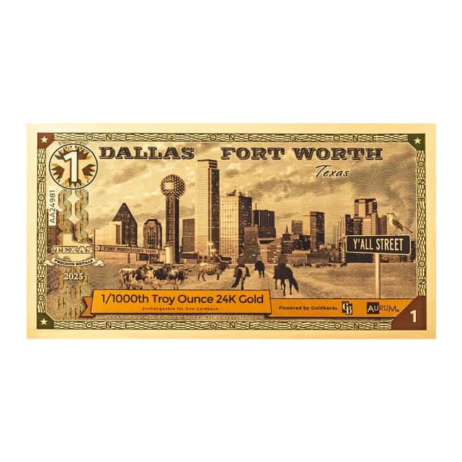 1 Dallas Fort Worth Texas Goldback 1/1000 oz 24K Gold Foil Aurum Note