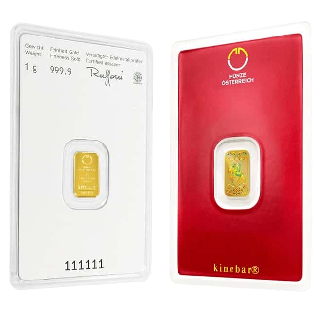 1 gram Austrian Mint Kinebar Gold Bar .9999 Fine (In Assay)