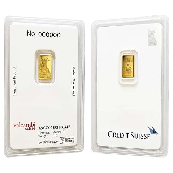 1 gram Credit Suisse Statue of Liberty Gold Bar .9999 Fine (In Assay)