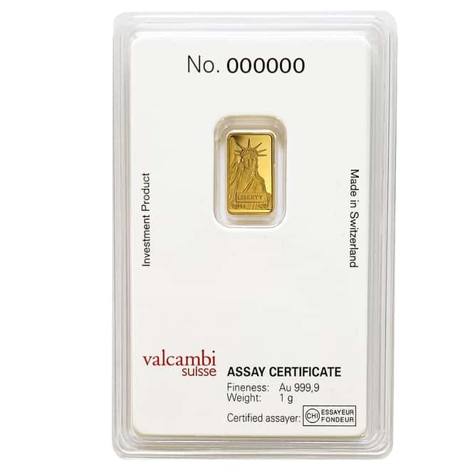 1 gram Credit Suisse Statue of Liberty Gold Bar .9999 Fine (In Assay)