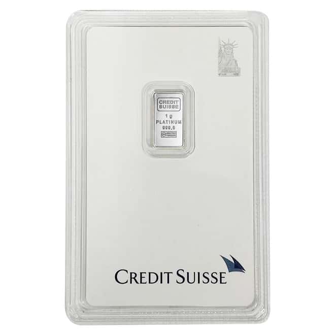 1 gram Credit Suisse Statue of Liberty Platinum Bar .9995 Fine (In Assay)