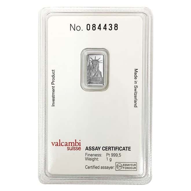 1 gram Credit Suisse Statue of Liberty Platinum Bar .9995 Fine (In Assay)