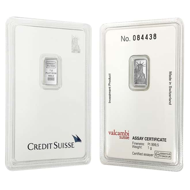 1 gram Credit Suisse Statue of Liberty Platinum Bar .9995 Fine (In Assay)