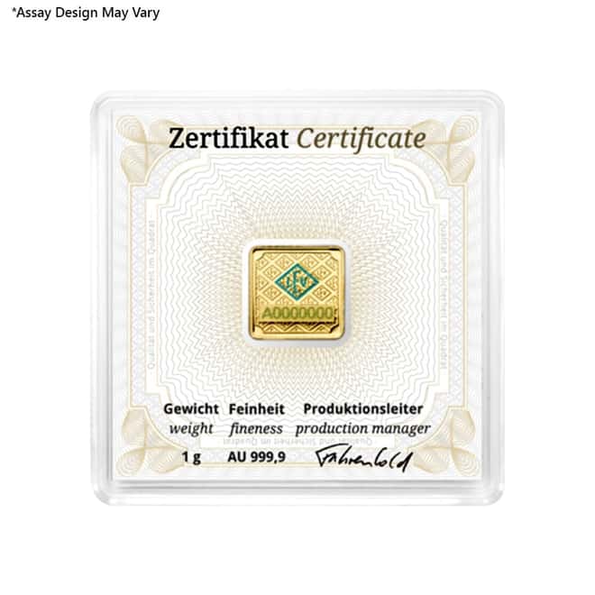 1 gram Geiger Original Square Gold Bar .9999 Fine (In Assay)