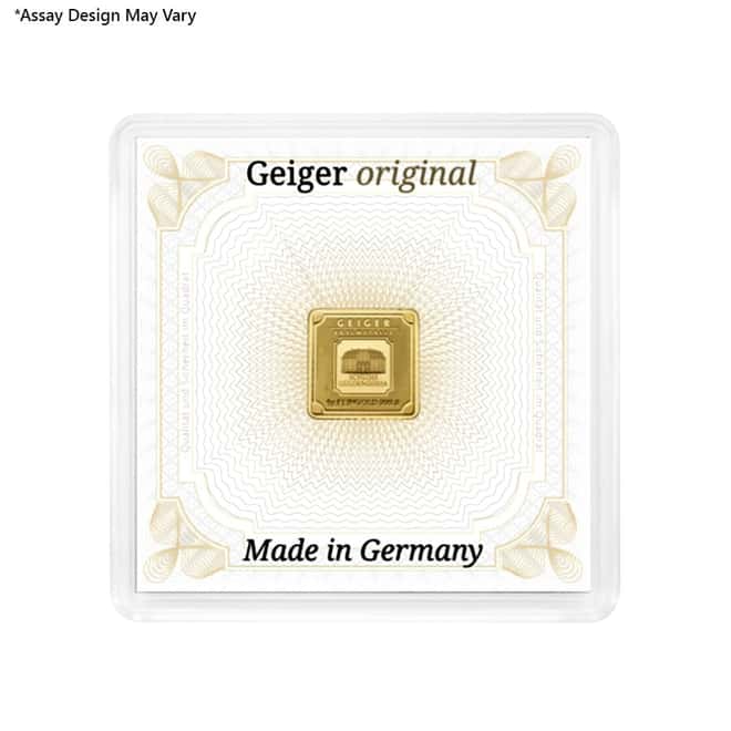 1 gram Geiger Original Square Gold Bar .9999 Fine (In Assay)
