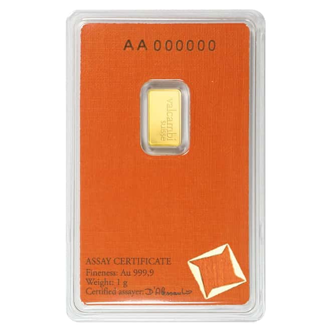 Box of 25 - 1 gram Gold Bar Valcambi Suisse .9999 Fine (In Assay)