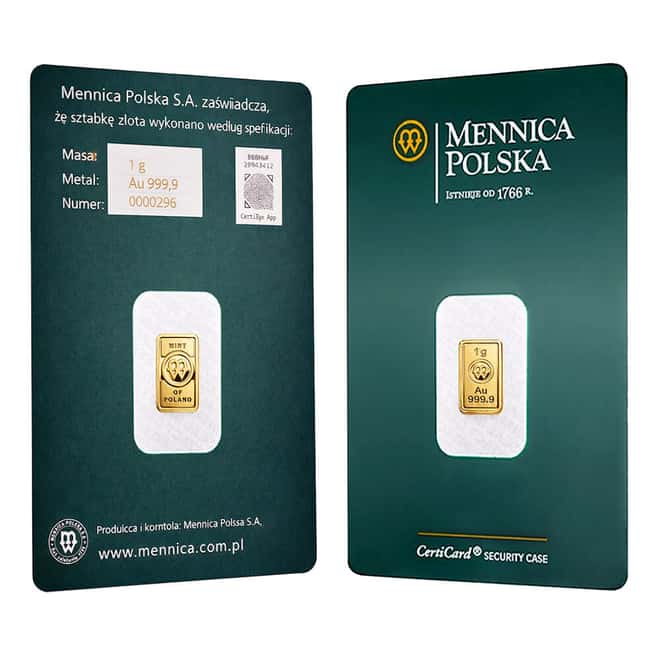 1 Gram Mint of Poland Gold Bar .9999 Fine (in Assay)