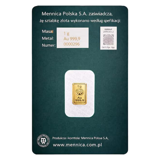1 Gram Mint of Poland Gold Bar .9999 Fine (in Assay)