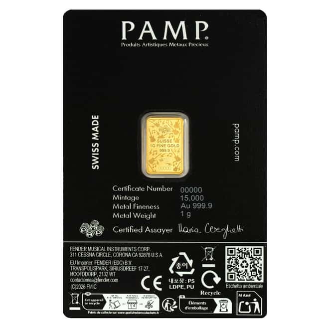 1 Gram PAMP Suisse Fender® 80th Ann. Gold Bar .9999 (in Assay)