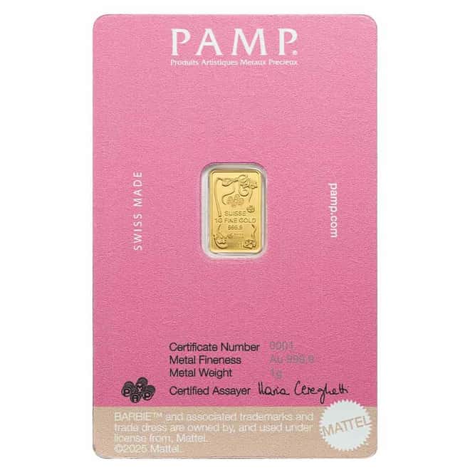 1 Gram PAMP Suisse Iconic Barbie™ Gold Bar (in Assay)