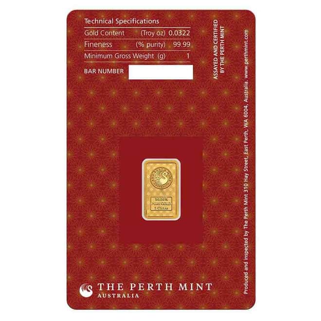 Box of 25 - 1 Gram Perth Mint Diwali Lakshmi Gold Bar .9999 Fine (in Assay)