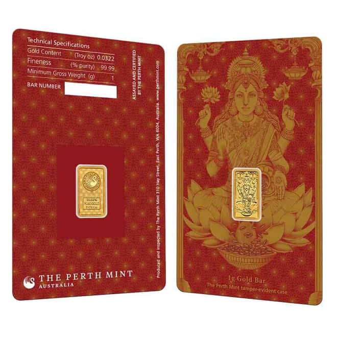 Box of 25 - 1 Gram Perth Mint Diwali Lakshmi Gold Bar .9999 Fine (in Assay)