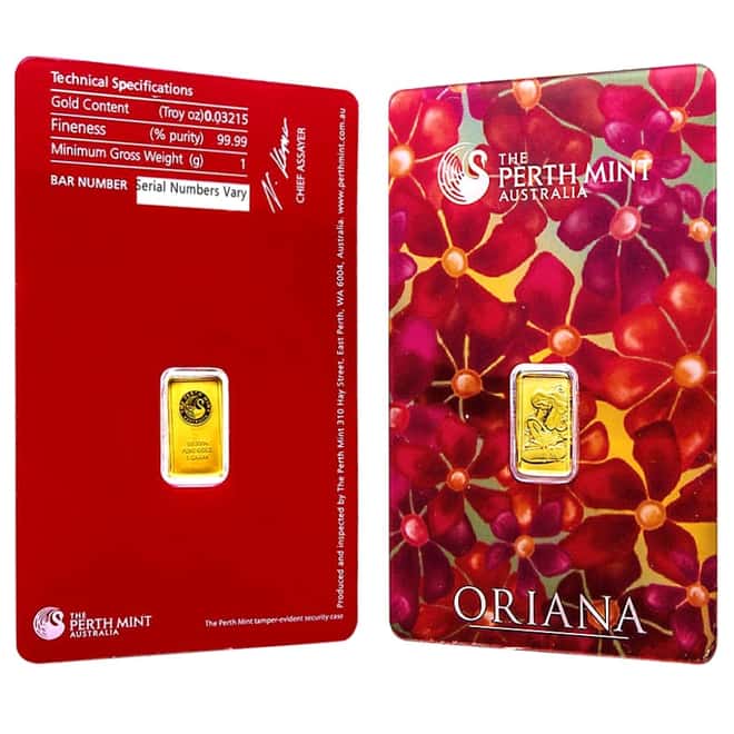 1 gram Perth Mint Oriana Design Gold Bar .9999 Fine (In Assay)