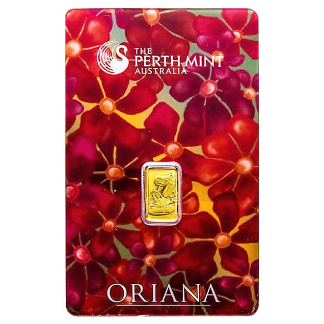 1 gram Perth Mint Oriana Design Gold Bar .9999 Fine (In Assay)