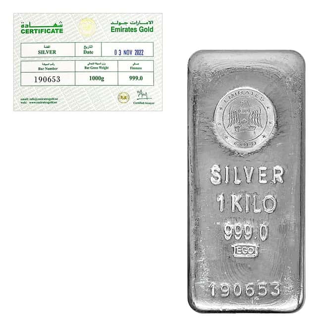 1 Kilo Emirates Gold Silver Cast Bar .999 Fine (w/Assay)