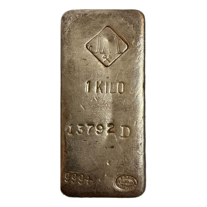 1 Kilo Johnson Matthey Vintage Silver Bar .999+ Fine Diamond JM Logo ("D" Suffix Serial Number)