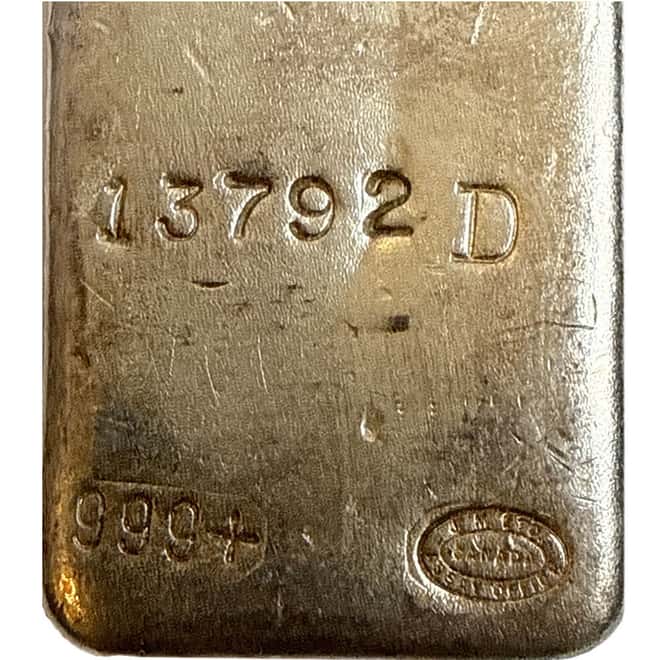 1 Kilo Johnson Matthey Vintage Silver Bar .999+ Fine Diamond JM Logo ("D" Suffix Serial Number)