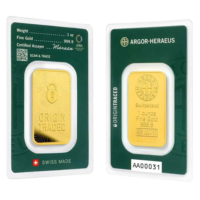 1 oz Argor Heraeus Origin Traced Gold Bar .9999 Fine (in Assay)