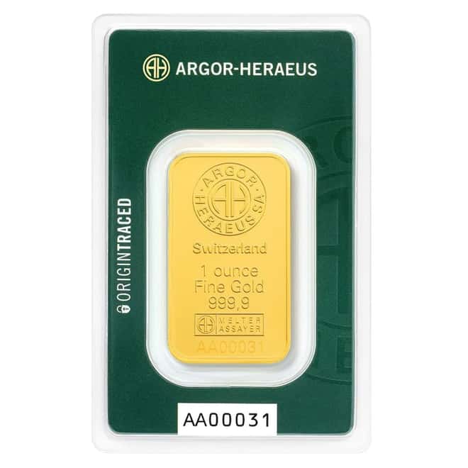 1 oz Argor Heraeus Origin Traced Gold Bar .9999 Fine (in Assay)